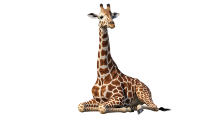 Giraffe Resting Calmly on White Background in Relaxed Pose