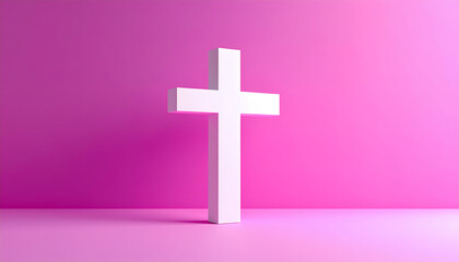 Fototapeta premium Minimalist White Cross on Pink Background: Symbol of Faith and Religion