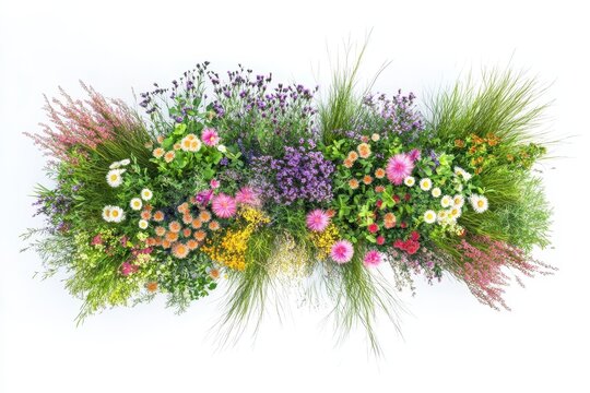 Vibrant flower bed with diverse grasses and blooms captured from a top view, showcasing a burst of color and texture in a well-maintained garden during bright daylight