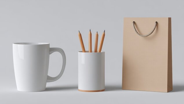 White mug, pencils in holder, and brown paper bag on a plain background