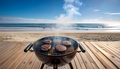 burger patties sizzling on a charcoal grill at the beach with smoke rising into the sunny blue sky the grill stands on a wooden deck with a scenic background of sand and sea