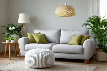 Living room with a grey sofa olive pillows a knitted pouf wood side table  plants under a woven pendant light