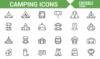 Camping and hiking-related icons for use in adventure and outdoor designs.