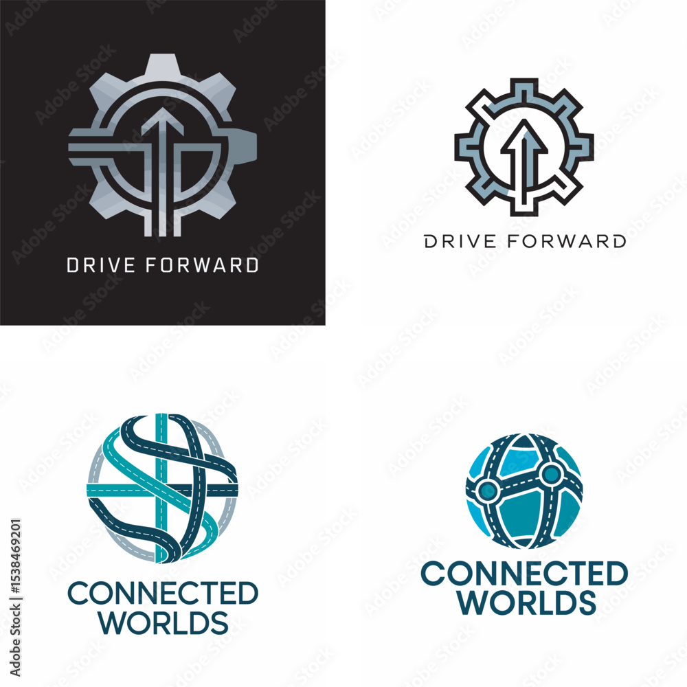 Poster modern abstract logo designs featuring gear and arrow symbols emphasizing drive forward and connecte