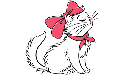 Cute cartoon cat with pink bow isolated on transparent background