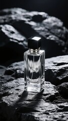 Elegant Perfume Bottle on Rocky Surface Under Dramatic Lighting