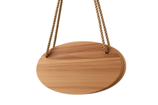 Empty oval wooden sign suspended from ropes, ready for custom messaging against transparent backdrop 