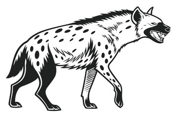 Spotted hyena boldly strides, showing sharp teeth in a threatening, black and white scene