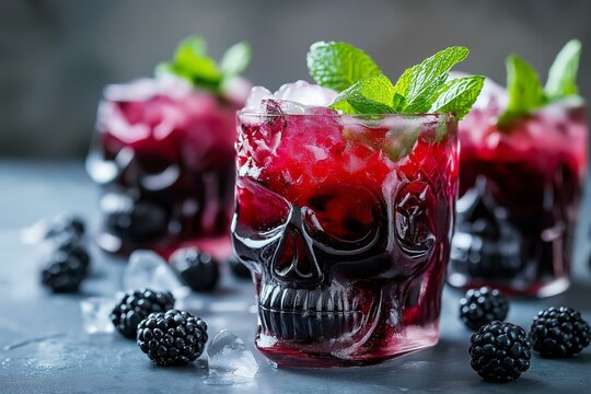 A spooky cocktail served in a skull glass, featuring mint leaves and blackberries for a chilling visual treat.