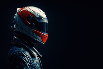 Fototapeta premium Male racer in racing suit and helmet preparing for race in dark environment showcasing focus and determination in motorsport environment