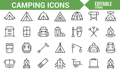 Set of line icons representing various camping essentials, including tents and backpacks.