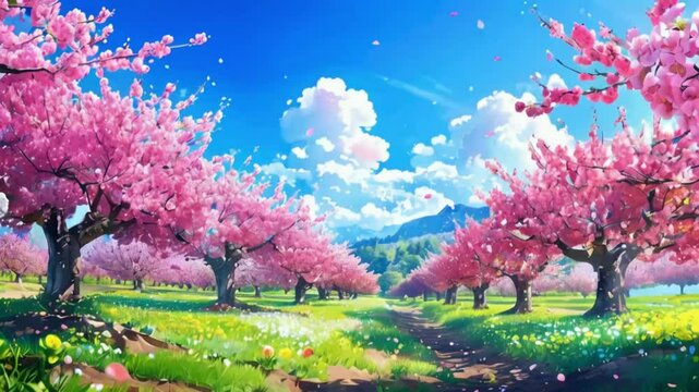 Vibrant Anime Orchard with Blossoming Fruit Trees and Blue Sky Background 4k Wallpaper.