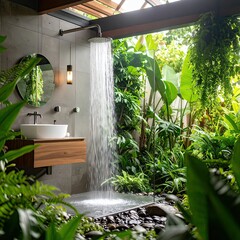 Open Air Shower in Lush Garden with Rain Shower Head