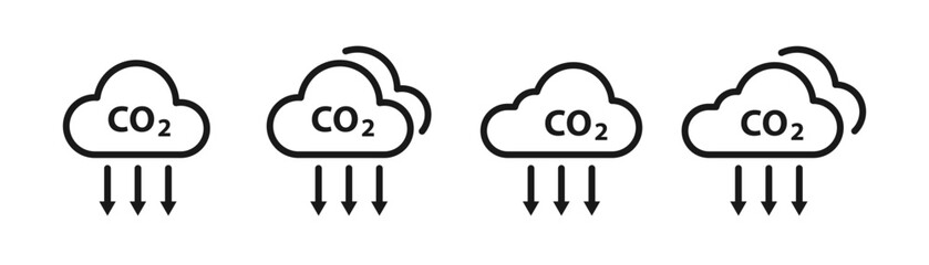 Reduce co2 gas icon set. Carbon dioxide emission reduction cloud sign. Editable line width vector illustration and PNG transparent