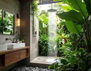 Open Shower in Modern Bathroom with Lush Greenery