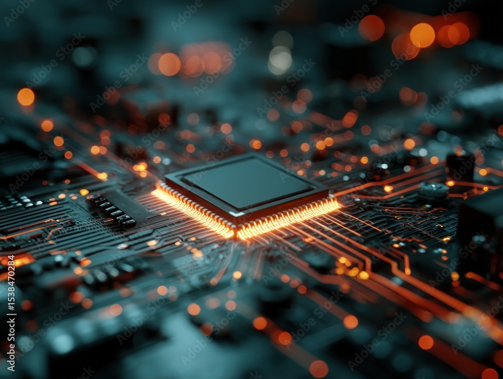 Poster glowing processor on a circuit board
