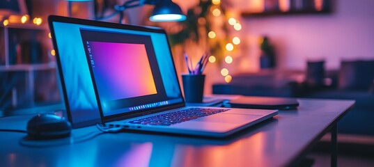 Futuristic Dual-Screen Laptop with Neon Glow Displayed in a Modern Creative Workstation Setting