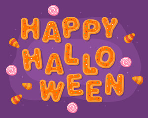 Happy Halloween. Halloween greeting card, orange halloween gingerbreads on a purple background. Halloween sweets, candies. 