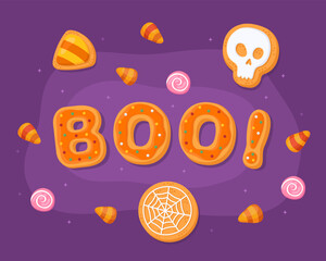 Boo! Halloween greeting card, orange halloween gingerbreads on a purple background. Halloween sweets, skull, web, candy.