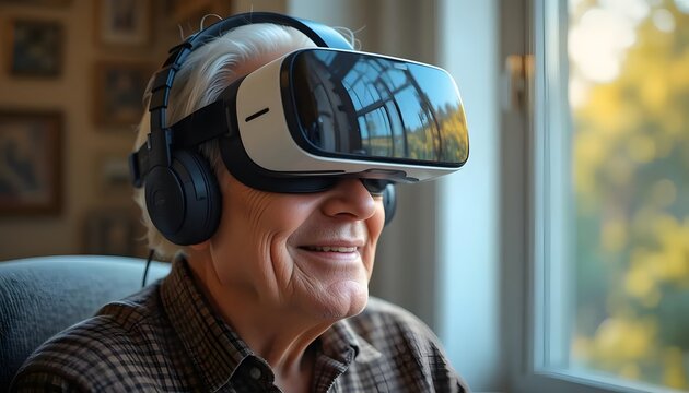Senior man using virtual reality headset vr experience technology and headphones at home