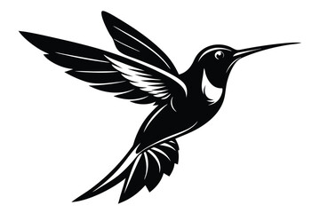 A striking black silhouette of a hummingbird soars against a crisp white backdrop