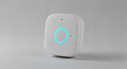 Smart home device with blue LED indicator on gray background  