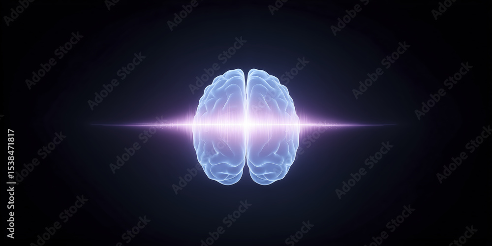 Poster digital illustration of a glowing brain with sound waves emanating from the center, representing the