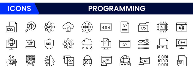 Sleek vector web line icons depicting coding, programming, algorithms, development tools, and innovative software solutions for digital creation.