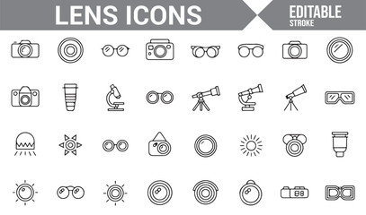Set of lens-related icons for photography, science, and optical industry use.