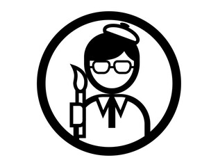 絵筆を持った画家の丸いシンプルなモノクロイラストアイコン