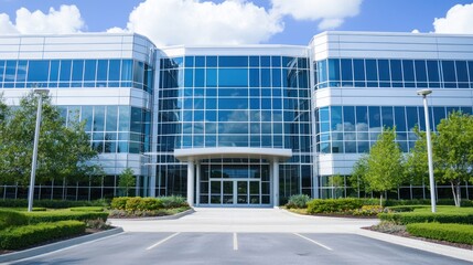 A modern office building with large glass windows and a concrete facade, surrounded by greenery and a clear blue sky.