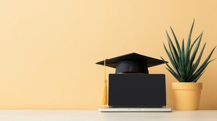 Graduation Cap on Laptop with Green Plant Background