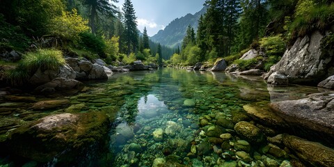Split-level photograph of a clear mountain stream, capturing a sunny pine forest landscape above and a vibrant underwater world with moss-covered cobblestones and rising air bubbles below.
