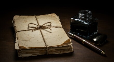 Aged papers inkwell and pen vintage still life