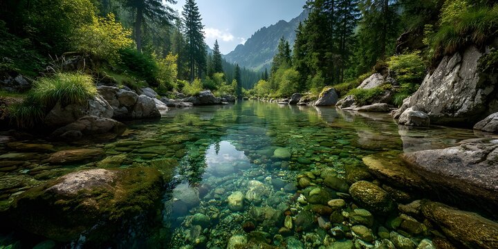 Split-level photograph of a clear mountain stream, capturing a sunny pine forest landscape above and a vibrant underwater world with moss-covered cobblestones and rising air bubbles below.