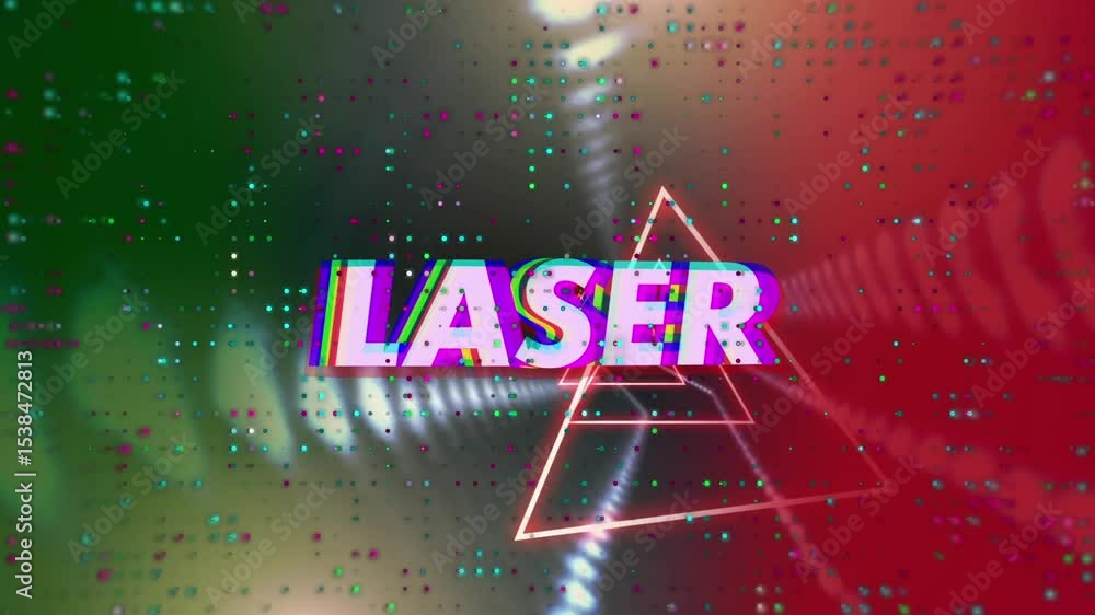 Poster opening neon laser glitch text shifting rotating triangles in digital tunnel with pulsing dots