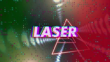 Opening neon LASER glitch text shifting rotating triangles in digital tunnel with pulsing dots - Powered by Adobe
