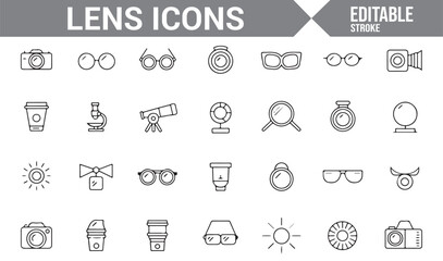 Collection of line icons representing camera lenses, eyeglasses, and optical equipment.