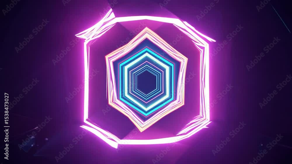 Poster vibrant geometric shapes in neon colors creating dynamic visual effects down a dark background for a