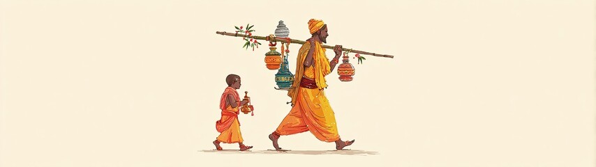 "Kanvarias Carry Sacred Ganga Jal in Decorated Pots During Kanwar Yatra to Offer at Lord Shiva's Temple"