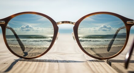 View of beach through sunglasses on wooden surface at daytime