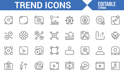 Set of icons representing video sharing, social media engagement, and digital marketing trends.