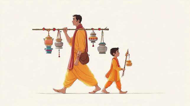 "Kanvarias Carry Sacred Ganga Jal in Decorated Pots During Kanwar Yatra to Offer at Lord Shiva's Temple"