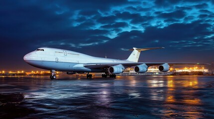 A large white jet airplane with a white body and blue sky in the background.