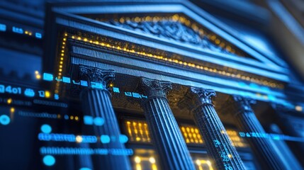 A grand, ornate building with intricate details and glowing lights, set against a dark blue background with glowing elements.