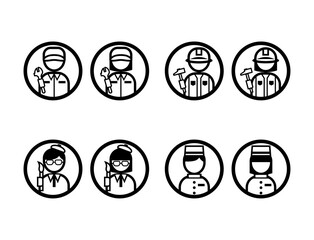 丸いシンプルなモノクロ職業イラストアイコンセット（整備士・大工・画家・ホテルスタッフ）