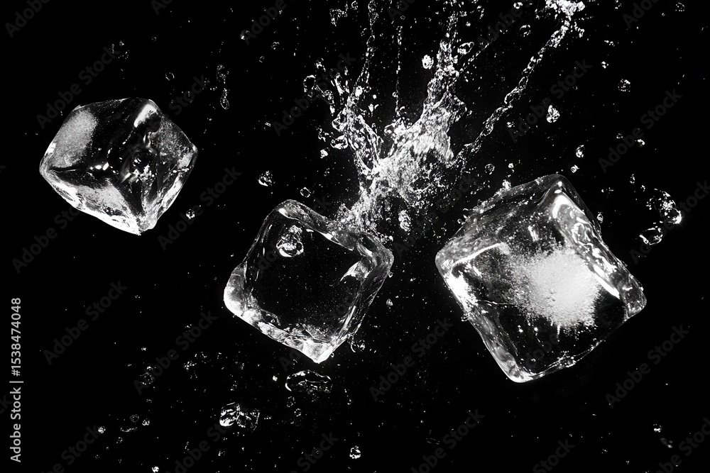 Poster dynamic splash of ice cubes creating water particles in motion against a dark background