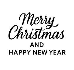 Elegant black and white vector lettering saying Merry Christmas and Happy New Year. Stylish holiday typography design perfect for greeting cards, posters, invitations, prints, and festive projects.