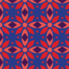 Seamless pattern with geometric, floral, and heart designs for textile, wallpaper, or retro decoration