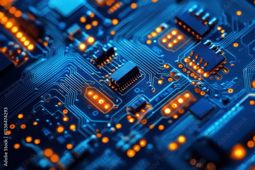 Poster close-up view of a vibrant electronic circuit board displaying intricate connections and illuminated